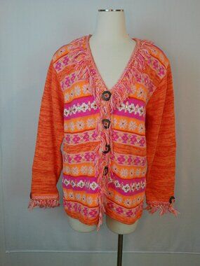 Cardigan Sweater STORYBOOK KNITS Orange Pink Southwestern Size Large